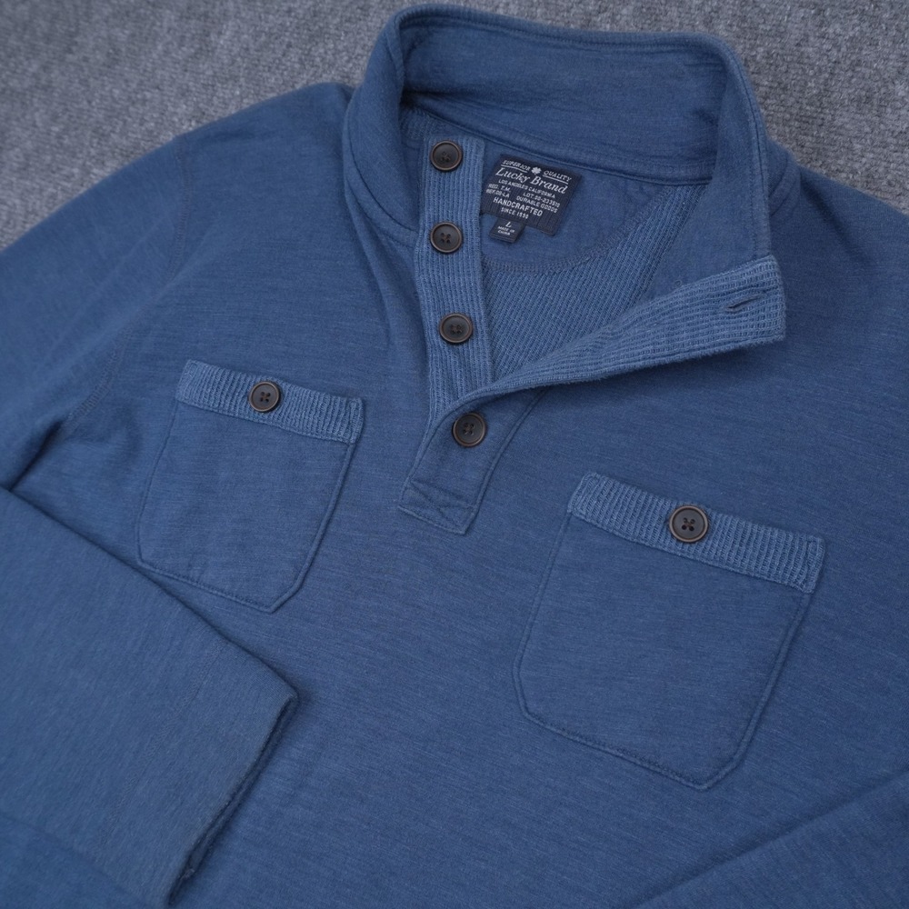 Lucky Brand Henley Pullover Mens Large Blue Shawl Collar Long Sleeve Pockets